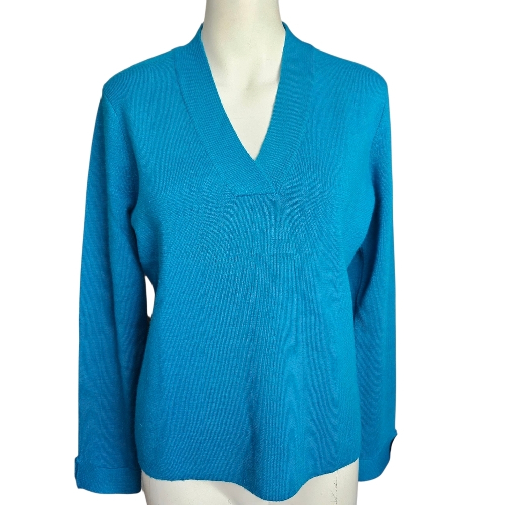 Sarah Spencer 100% Italian Merino Wool V-Neck Sweater Sz Large Blue